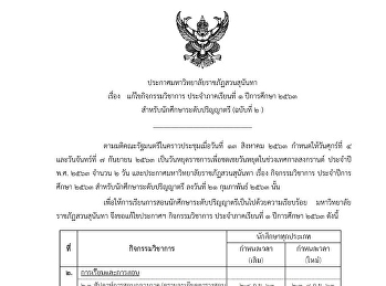 มหาวิทยาลัยราชภัฏสวนสุนันทา
จึงขอแก้ไขประกาศมหาวิทยาลัยราชภัฏสวนสุนันทา
เรื่อง กิจกรรมวิชาการ ประจำปีการศึกษา
2563 สำหรับนักศึกษาระดับปริญญาตรี
ลงวันที่ 21 กุมภาพันธ์ 2563 ภาคเรียนที่
1