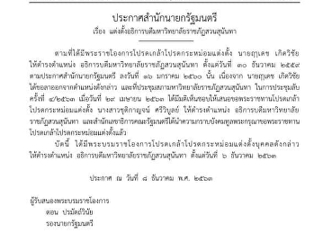 มีพระบรมราชโองการโปรดเกล้าแต่งตั้ง
รศ.ดร.ชุติกาญจน์ ศรีวิบูลย์
เป็นอธิการบดีราชภัฏสวนสุนันทา