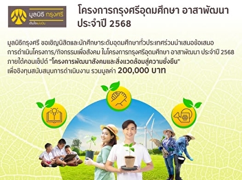 Krungsri Foundation invites students to
write projects on 'Developing Society
and the Environment for Sustainability'
with a total prize money of over 200,000
baht.