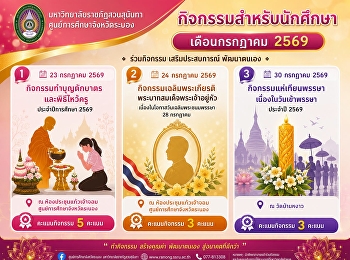 เดือนกรกฎาคมนี้...ห้ามพลาด!
รวมกิจกรรมเด็ดสำหรับนักศึกษา
พร้อมรับคะแนนกิจกรรมสูงสุด 11 คะแนน